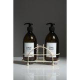 Mienda Home Amber Cam Sabunluk Seti – Etiketli Şişe ve Beyaz Metal Stantlı Sıvı Sabunluk Takımı | 500 ml