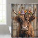 MIEPOS Çiçekli Highland İnek Duş Perdesi Yetişkinler için Hediye Çocuklar için Su Geçirmez Polyester Kumaş Banyo Ev Dekoru Rustik Çiftlik Evi Ahşap Tahta Banyo Perdeleri 12 Kancalı 182 x 183 cm.