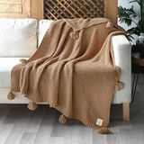 Miespiga Coco Pirinç Örgü Ponponlu Triko TV Battaniyesi Koltuk Şalı | Koltuk Örtüsü | Yatak Örtüsü | Throw (Camel)