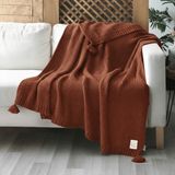 Miespiga Coco Pirinç Örgü Ponponlu Triko Tv Battaniyesi Throw Koltuk Şalı - 130 x 170 cm - Kiremit