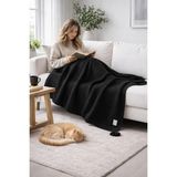 Miespiga Coco Pirinç Örgü Ponponlu Triko Tv Battaniyesi Throw Koltuk Şalı - 130 x 170 cm - Siyah