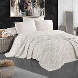 Miespiga Damask Design Çift Taraflı Jakarlı Keten Pamuk Dokuma Battal Boy(King Size) 240x260cm Antialejik Nefes Alabilen Dört Mevsim Pike Yatak Örtüsü (Bej)