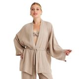 Miespiga Hafif ve Nefes Alan Müslin Kadın Kısa Kimono Pamuklu | Plaj Elbisesi | Kuşaklı Kısa Kaftan (Bej, Standart)