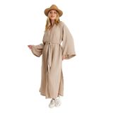 Miespiga Pamuklu Dokuma Beli Kuşaklı Maxi Kadın Kimono Kaftan | Plaj Kimono | Müslin Kimono Uzun Plaj Bol Uzun Boho Bikini Cover Up Büyük Beden Hafif Kadın Plaj Kıyafeti Plaj Elbisesi Pareo (Bej, S-M)