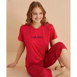 Mihra Kadın Bisiklet Yaka Milan Likralı Kapri Kısa Kol Pijama Takımı 50108K - 1 Adet Xl Kırmızı
