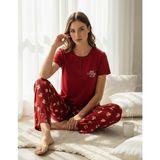 Mihra Kadın Compakt Penye Düğmeli Yaka Kısa Kol Ince Pijama Takımı 90783K - 1 Adet - Kırmızı - XL