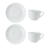 Mikasa Chalk 2 adet porselen çay fincanı ve fincan tabağı seti, beyaz fincan ve fincan altlıkları, 220 ml | Çin fincanı ve tabağı her gün yemek için | bulaşık makinesi ve mikrodalga fırında