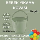 Mikasso 10 Adet Renkli Top Hediyeli Bebek Yıkama Banyo Kovası Yeşil - Çok Renkli