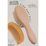 Mikasso %100 Keçi Kılı Bebek Saç Fırçası ve Bebek Şimşir Tarak 2'li Set + Bez Kese Hediyeli Bej - Çok Renkli