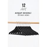 Mikasso 12 Adet Ahşap Desenli Siyah Plastik Elbise Askısı Kaymaz Döner Kancalı Sağlam Gömlek Ceket Askı Seti