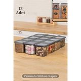 Mikasso 12'li Vakumlu Silikon Kapaklı Kare Baharat Saklama Kabı Seti - 12X(0.65 Litre) Antra Plastik Gri