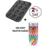 Mikasso 12'li Yanmaz Yapışmaz Muffin & Cupcake Kalıbı Teflon Gri