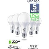 Mikasso 12W LED Ampül 5'li Paket E27 Beyaz Işık Güçlü Aydınlatma Smd LED 6500K Tasarruflu Lamba