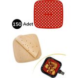 Mikasso ® 150 Adet Kare Model Pişirme Kağıdı ve Silikon Airfryer Matı 21,5 cm Plastik Beyaz