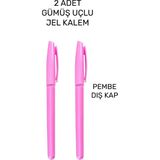 Mikasso 2 Adet Jel Kalem - Anı Defteri Kalemi - Albüm Kalemi - Gümüş Jel Kalem - Pembe Kab - Çok Renkli