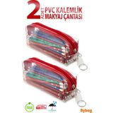 Mikasso 2 Adet Pvc Kalemlik Fermuarlı Şeffaf Makyaj Çantası Kalem Kutusu Kırmızı Plastik Kırmızı - Çok Renkli