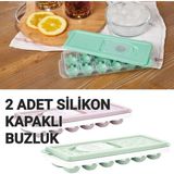 Mikasso 2 Adet Slikon Kapaklı Buzluk, 12 Bölmeli Bas Çıkar Buz Kalıbı Renkli Plastik Renkli