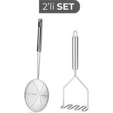 Mikasso 2 Li Set Paslanmaz Çelik Mutfak Seti Kızartma Yağ Kevgiri ve 24 cm Patates Ezici Paslanmaz Çelik
