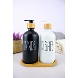 Mikasso 2’li Ahşap Standlı Cam Sıvı Sabun ve Bulaşık Deterjanı Şişesi Sabunluk 500 ml - E/6 C1-1-2 Cam Siyah - Çok Renkli
