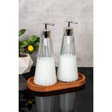 Mikasso 2'li Ahşap Stantlı Lüks Modern Cam Sabunluk Seti Çizgili Sabunluk Gümüş Başlıklı Banyo Seti 400 ml C - Çok Renkli