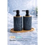 Mikasso 2li Bambu Detaylı Sıvı Sabunluk Seti 500ML Mutfak Banyo Taş Figürlü Hands Dishes Bambu Stantlı Set P - Çok Renkli