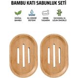 Mikasso 2'li Bambu Katı Sabunluk Seti - Ahşap Izgaralı Doğal Sabun Altlığı Banyo Aksesuarı Oval Tasarım Bamb - Çok Renkli