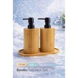 Mikasso 2li Bambu Sabunluk Seti Hands Dishes Mutfak Banyo Sıvı Sabunluk 500ML Doğal Bambu Stantlı Retro Set - Çok Renkli