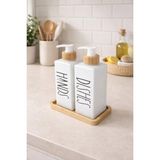 Mikasso 2'li Bambu Standlı Cam Sıvı Sabunluk Hands & Dishes Cam Beyaz - Çok Renkli
