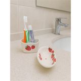 Mikasso 2’li Banyo Seti - Çilek Desen - Katı Sabunluk & Diş Fırçalık , Süngerlik El Yapımı Seramik Hediyelik - Çok Renkli