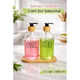 Mikasso 2’li Cam Sabunluk Seti - Bambu Standlı Banyo ve Mutfak Düzenleyici - Fonksiyonel Sıvı Sabunluk Belir - Çok Renkli