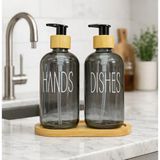 Mikasso 2’li Cam Sıvı Sabunluk Seti –ahşap Standlı Mutfak&banyo Için Şık Dispenser (Hands & Dishes) Cam Siya - Çok Renkli