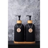 Mikasso 2’li Hands Dishes Siyah Dekoratif Mutfak Banyo Sıvı Cam Sabunluk Seti 500ML Bambu Stantlı Set Cam Si - Çok Renkli