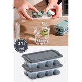 Mikasso 2’li Mini Silikon Tabanlı Kapaklı Bas Çıkar Buz Kalıbı, 8 Bölmeli Yapışmaz Buzluk 2 Adet Plastik Gri