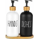 Mikasso 2’li Siyah Beyaz Dekoratif Mutfak Banyo Sıvı Cam Sabunluk Seti 500ML Bambu Stantlı Set Cam Çok Renkl - Çok Renkli