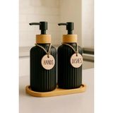 Mikasso 2’li Siyah Retro Dekoratif Mutfak Banyo Sıvı Cam Sabunluk Seti 500ML Bambu Stantlı Sabunluk Seti Cam - Çok Renkli