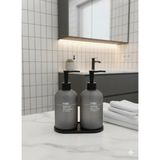 Mikasso 2`li Standlı Cam Sıvı Sabunluk Seti Siya Bambu Standlı 500+500 Ml. Cam Gri - Çok Renkli