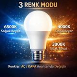 Mikasso 3 Farklı Renk Modlu 9W E27 LED Ampul 3000K - 4000K - 6500K (1 Adet) - Çok Renkli