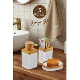 Mikasso 3 Parça Ahşap Desenli Bohem Tarzı Banyo Seti Beyaz (Sıvı Sabunluk, Katı Sabunluk, Diş Fırçalık) Akri - Çok Renkli