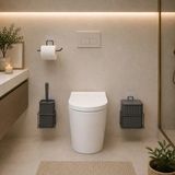Mikasso 3 Parça Banyo Seti Metal Stantlı Çöp Kovalı Wc Kağıtlık ve Tuvalet Fırçası Kare Metal Çok Renkli