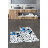 Mikasso 3D Kelebek Desenli Yıkanabilir Kaymaz Silinir Ikili Banyo Halısı Paspas Klozet Takımı Polyester Mavi - Çok Renkli