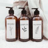 Mikasso 3lü Amber Cam Şişe Çiçekli Dusset Set 500ML Duş Jeli- Şampuan - Saç Kremi Cam Siyah - Çok Renkli
