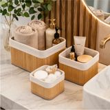 Mikasso 3'lü Bambu Organizer Seti Kumaş Astarlı Saklama Kutusu Çekmece Dolap Banyo Mutfak Düzenleyici Bambu - Çok Renkli