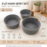 Mikasso 3'lü Organizer Sepet Mutfak Salon Oturma Odası Banyo Düzenleyicisi Jüt Sepet Polipropilen Gri - Çok Renkli