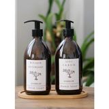 Mikasso 3lü Set Beyaz Etiket Boş Amber Cam Şişe Bulaşık Deterjanlık Sıvı Sabunluk 2X500ML Ahşap Altlık Promo - Çok Renkli