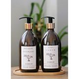 Mikasso 3lü Set Gold Beyaz Etiket Boş Amber Cam Şişe Bulaşık Deterjanlık Sıvı Sabunluk 2X500ML Ahşap Altlık - Çok Renkli