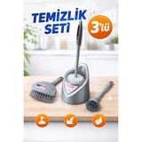 Mikasso 3’lü Temizlik Fırça Seti Klozet Fırçası, Sert Zemin Fırçası, Lavabo Fırçası – Gri Plastik Gri - Çok Renkli
