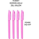 Mikasso 4 Adet Jel Kalem - Anı Defteri Kalemi - Albüm Kalemi - Gümüş Jel Kalem - Pembe Kab - Çok Renkli