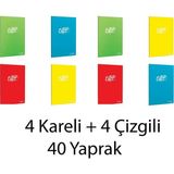 Mikasso 4 Kareli 4 Çizgili 40 Yaprak Spiralasız Plastik Kapak Defter Sert Düz Kareli 40 Yaprak Büyük Boy Çok - Çok Renkli