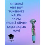 Mikasso 4 Renkli Mini Boy Tükenmez Kalem 10 cm Renkli Gövde Taşlı Başlık Çok Renkli Tükenmez Kalem Mavi