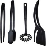 Mikasso 4'lü Yanmaz Yapışmaz Servis Izgara Maşası, Spiral Çırpıcı, Maşalı Spatula ve Cımbız Maşa Teflon Siya